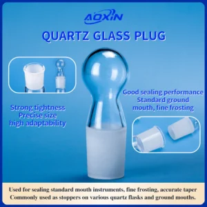 Detailed image of a quartz glass plug, highlighting its standard ground mouth, fine frosting, precise size, and strong tightness for optimal sealing performance.