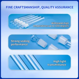 Infographic showcasing key features of quartz labware: ability to withstand high temperatures up to 1200 degrees, strong sealing performance, and high light transmittance.