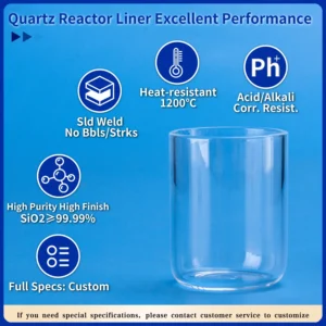 Infographic showcasing the excellent performance of a quartz reactor liner: heat resistant to 1200°C, acid/alkali corrosion resistant, high purity SiO2 ≥99.99%, solid weld with no bubbles or streaks, and available in full custom specifications.
