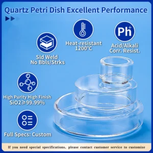 A stack of three quartz Petri dishes of increasing size, illustrating excellent performance metrics: solid weld, 1200°C heat resistance, acid/alkali resistance, high purity (SiO2 ≥ 99.99%), and custom specifications.
