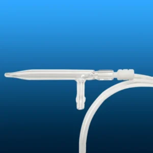 A close-up view of a quartz atomizing spray nozzle connected to a white flexible tube, showing the secure attachment, on a blue background.