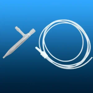 A quartz atomizing spray nozzle with a pointed tip and side arm, alongside a coiled white flexible tube, on a blue background.