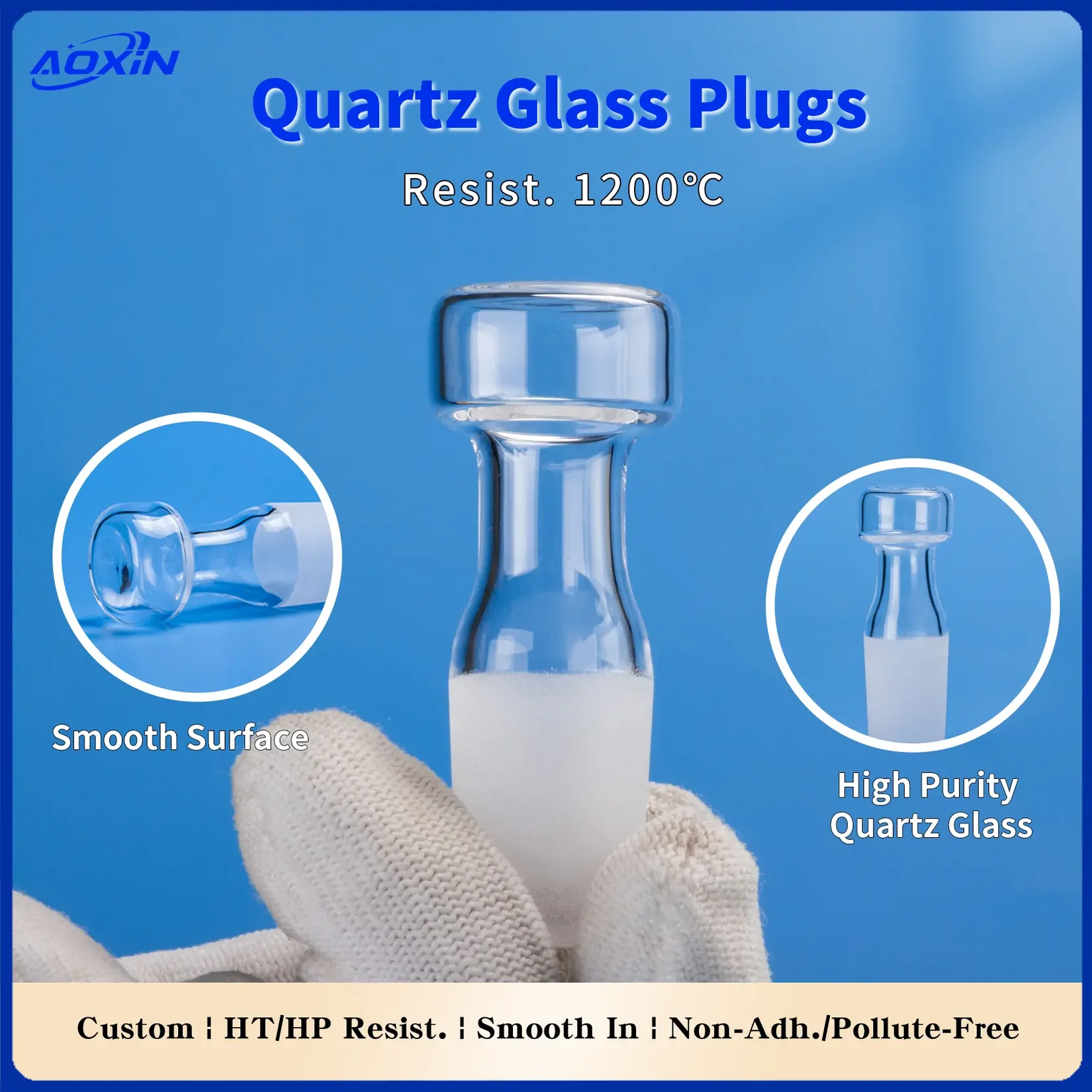Quartz Glass Plugs | Fused Silica Laboratory Stoppers 2 A gloved hand holding a quartz glass plug, emphasizing its smooth surface and high purity, with a banner indicating its 1200°C heat resistance.