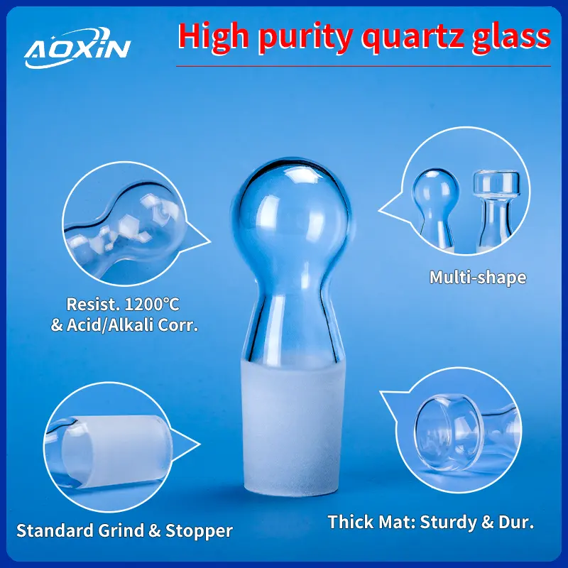 Quartz Glass Plugs | Fused Silica Laboratory Stoppers 3 A spherical-head quartz glass plug surrounded by circular insets highlighting its features: 1200°C heat and acid/alkali resistance, multi-shape availability, standard grind & stopper, and thick, durable material.