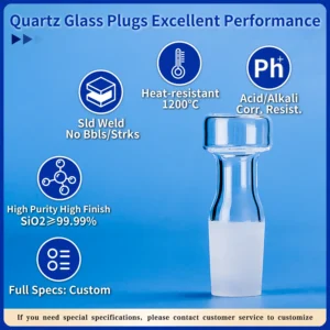 Quartz Glass Plugs | Fused Silica Laboratory Stoppers 8 A cylindrical-head quartz glass plug with icons illustrating its superior performance: solid weld, 1200°C heat resistance, acid/alkali corrosion resistance, high purity (SiO2 ≥ 99.99%), and full custom specifications.