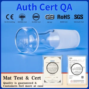 Quartz Glass Plugs | Fused Silica Laboratory Stoppers 9 A quartz glass plug displayed alongside various quality assurance certifications (CE, ISO9001, EMC, GB, RoHS, SGS), underscoring robust material testing and quality control.
