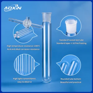 A quartz Schlenk reactor tube highlighting its properties: 1200°C temperature resistance, acid and alkali corrosion resistance, standard frosted joint, high light transmittance, and a rounded tube bottom.