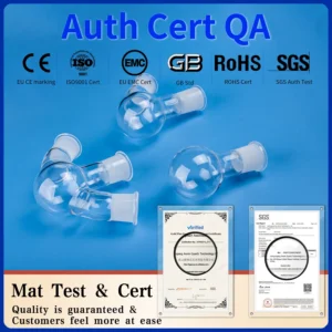 An arrangement of quartz double-necked flasks, displaying quality assurance certifications (CE, ISO9001, EMC, GB, RoHS, SGS) to ensure product quality and customer confidence.