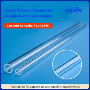 Custom-length fused quartz tubes for evaporator and boiler water level gauges, with a magnified circular view emphasizing the tube's clarity and wall thickness.