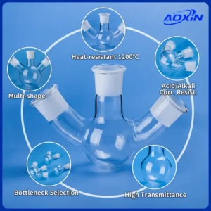 Visual display of AOXIN quartz flasks in various configurations, emphasizing multi-shape options, bottleneck selection, high transmittance, 1200°C heat resistance, and acid/alkali corrosion resistance.