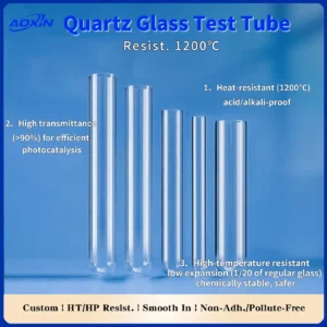 A quartz test tube with indicated height and diameter measurements, accompanied by quality certifications including CE, ISO 9001, EMC, GB, RoHS, and SGS, confirming support for customization and factory direct sales.