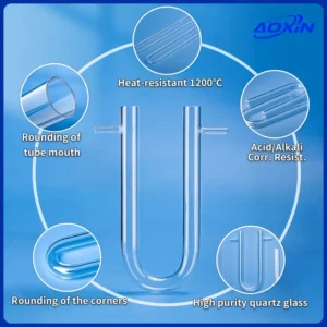 Close-up on a Quartz U-tube, detailing features like rounding of tube mouth, rounding of corners, heat-resistant 1200°C, acid/alkali corrosion resistance, and made from high purity quartz glass.