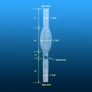 Quartz Process Tubes with Integrated Fritted Disc | Vertical Furnace Reactors 9 A detailed technical drawing of the quartz process tube, showing key dimensions (lengths and outer diameters) and the location of the integrated quartz frit.
