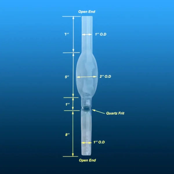 Quartz Process Tubes with Integrated Fritted Disc | Vertical Furnace Reactors 4 A detailed technical drawing of the quartz process tube, showing key dimensions (lengths and outer diameters) and the location of the integrated quartz frit.