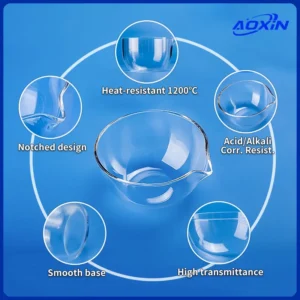 Quartz evaporating dish with circular callouts illustrating its key features: heat resistance to 1200°C, acid/alkali corrosion resistance, notched design, smooth base, and high light transmittance.