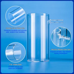 Detailed view of a jacketed quartz beaker showing the smooth fire-polished rim, a securely welded hose barb for tubing, and a flat, stable base.