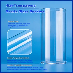 A high-transparency fused quartz beaker highlighting its robust construction, extreme temperature resistance, and superior thermal shock resistance.