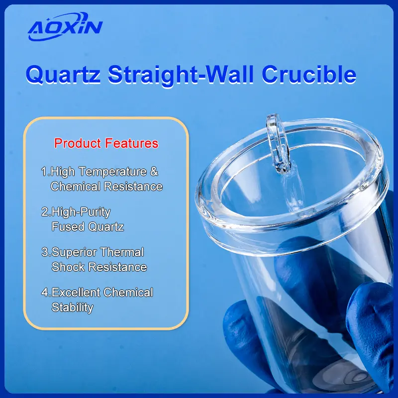 Quartz Straight-Wall Crucible with Lid | Fused Silica Cylindrical Crucible 2 A close-up of a quartz straight-wall crucible with lid, listing key product features: high temperature & chemical resistance, high-purity fused quartz, superior thermal shock resistance, and excellent chemical stability.