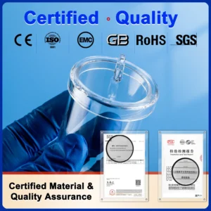 Quartz Straight-Wall Crucible with Lid | Fused Silica Cylindrical Crucible 9 A quartz straight-wall crucible held by a gloved hand, displayed with various authoritative certifications (CE, ISO9001, EMC, GB, RoHS, SGS) and test reports, confirming certified material and quality assurance.