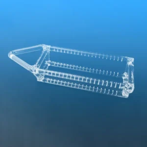 An angled view of a transparent quartz wafer annealing boat, showcasing its precision-slotted design and robust structure for high-temperature applications.