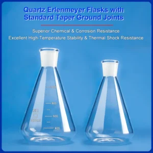 Two quartz Erlenmeyer flasks with ground joints, emphasizing their superior chemical & corrosion resistance and excellent high-temperature stability & thermal shock resistance.